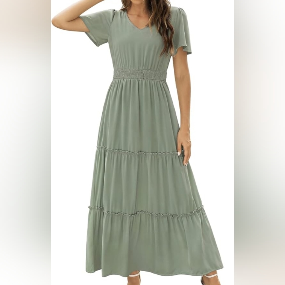 Sage Green Bridesmaid Maxi Dress Size Small (4-6) V Neck with Pockets